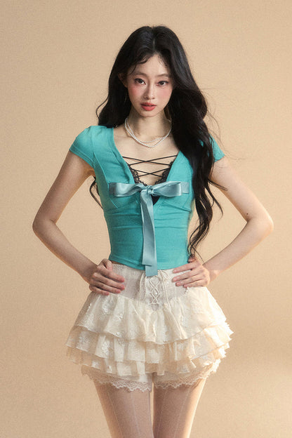 Top Reservations Ribbon Trim Lace Chic Crop