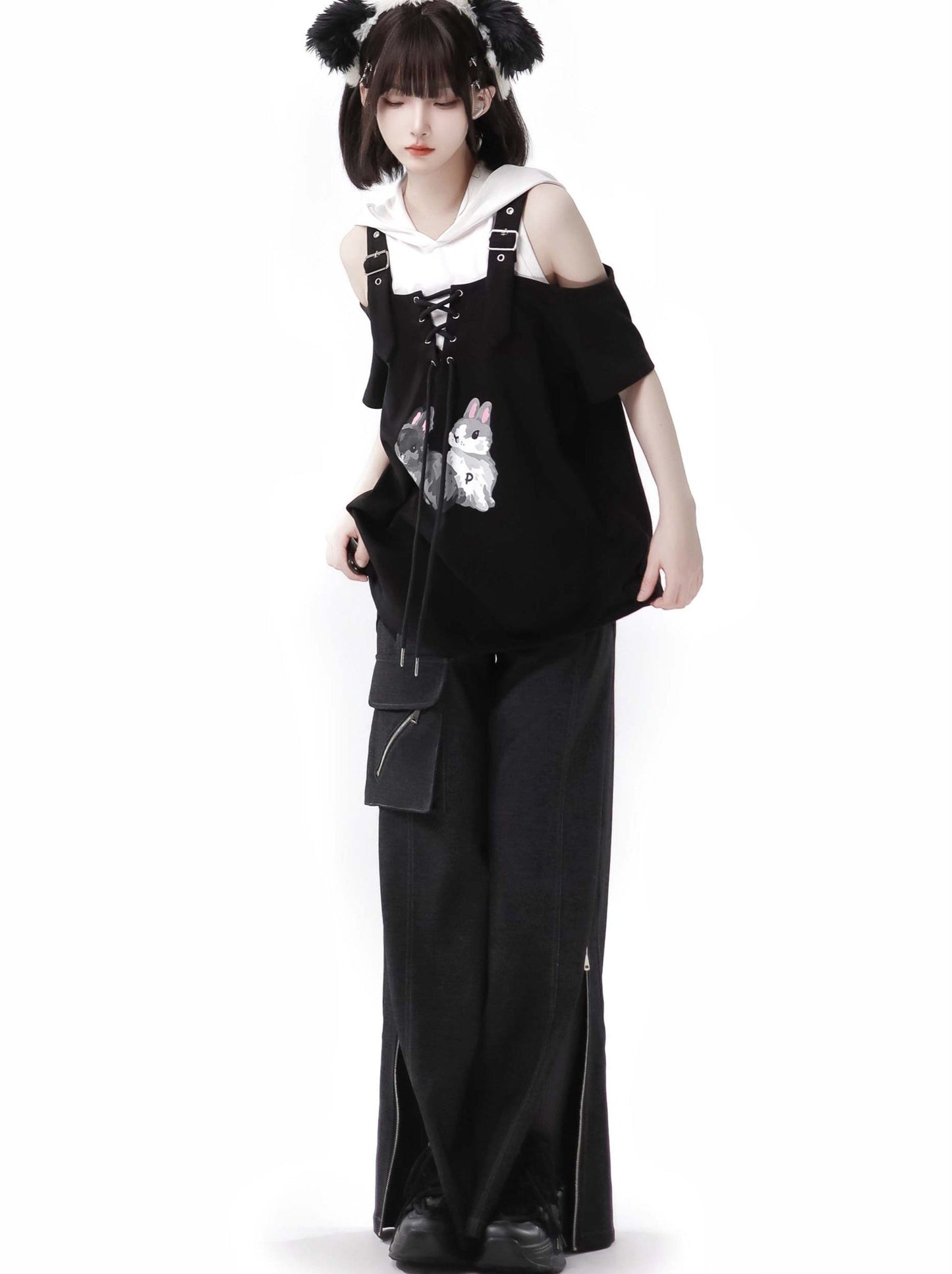 Pantalon à bretelles design d'été, lapin, épaules dénudées, sweat à capuche noir et blanc, costume