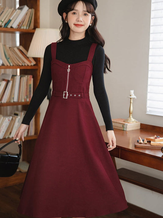 Slim Knit Retro Half + Suspender Turtleneck Skirt