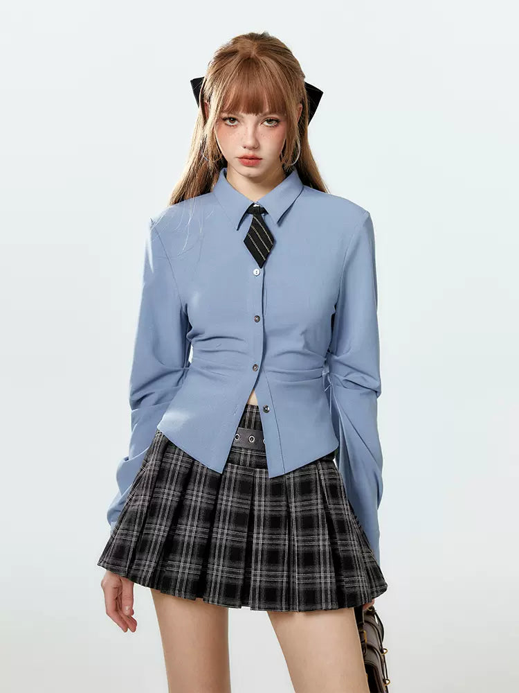 Style Tie Shirt College Waist Diamond Pleated