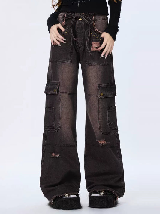 Pantalon cargo rétro dégradé en denim noir abîmé