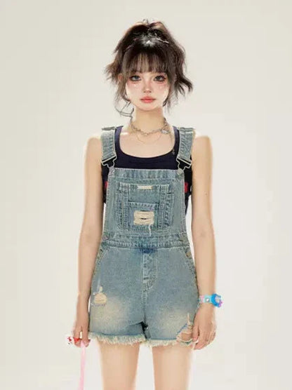 Damaged Washed Denim Shorts Overalls