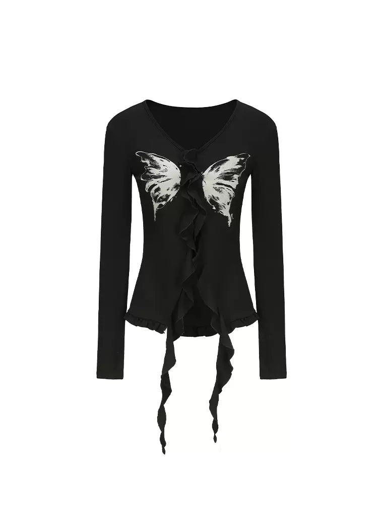 Butterfly Print Slim Cardigan Ribbon Ruffle