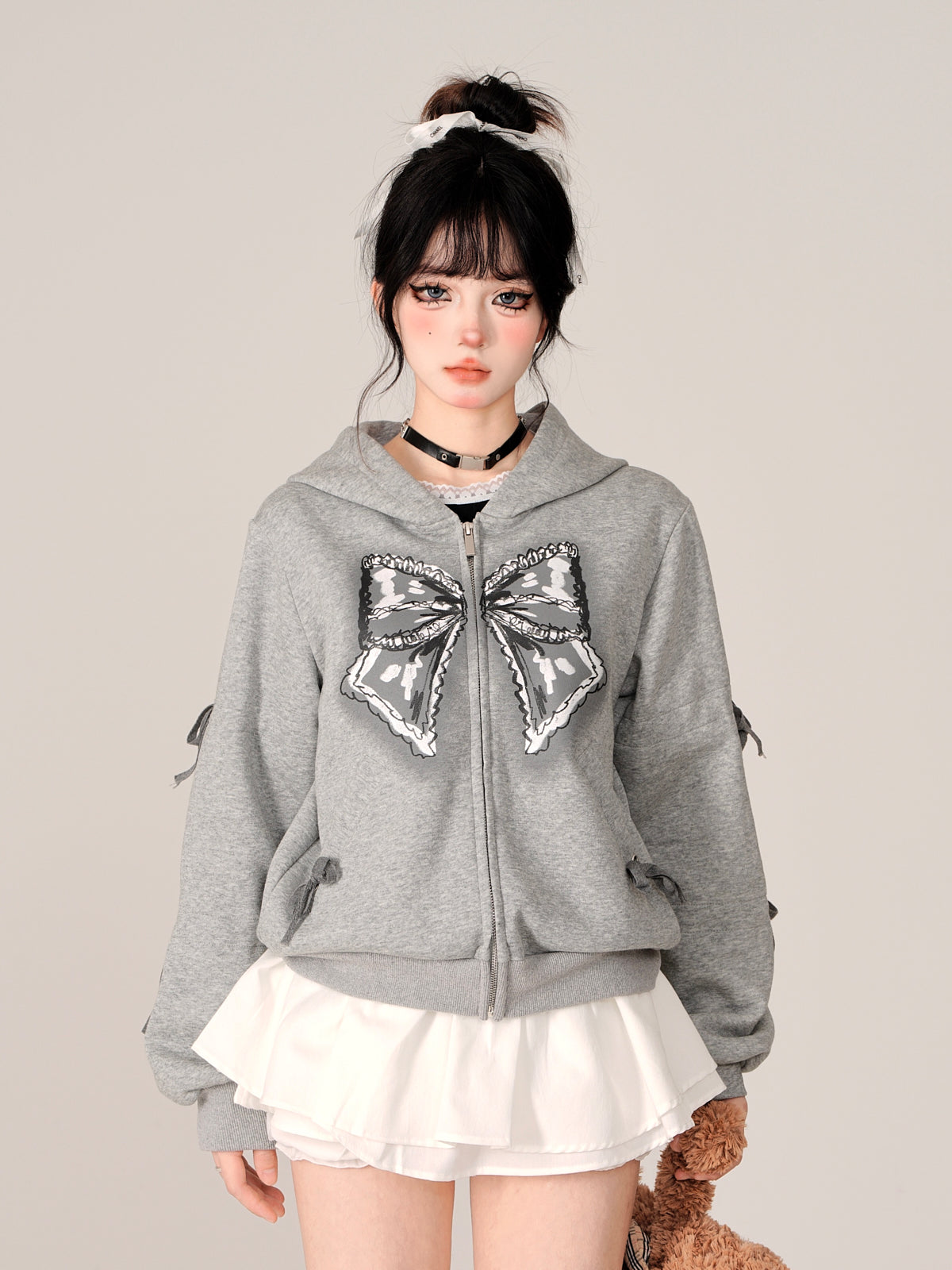 Zip-Up Hooded Loose Black Hoodie Ribbon