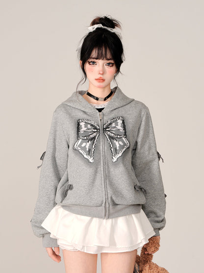 Zip-Up Hooded Loose Black Hoodie Ribbon
