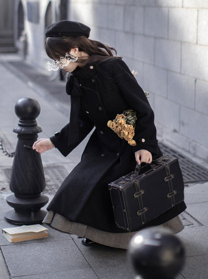 Manteau en laine rétro à double boutonnage et ruban élégant