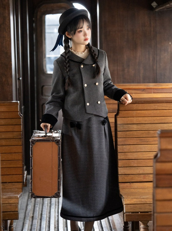 Skirt Check Flared Retro Ribbon Dark Double + Top