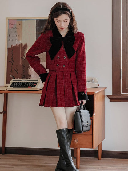 Jupe veste + tweed plissé rétro girly foncé