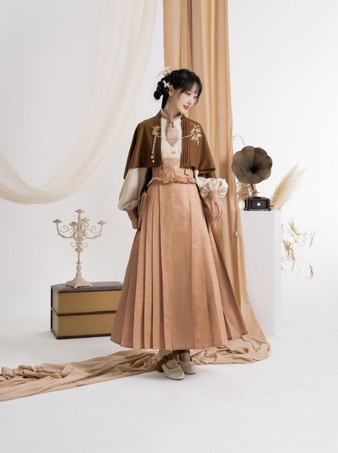 Skirt High-waisted Blouse China Cape + Pleated Retro