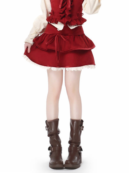 Veste courte à volants en ruban, support de chant, couleur foncée, motif chemise, jupe, costume