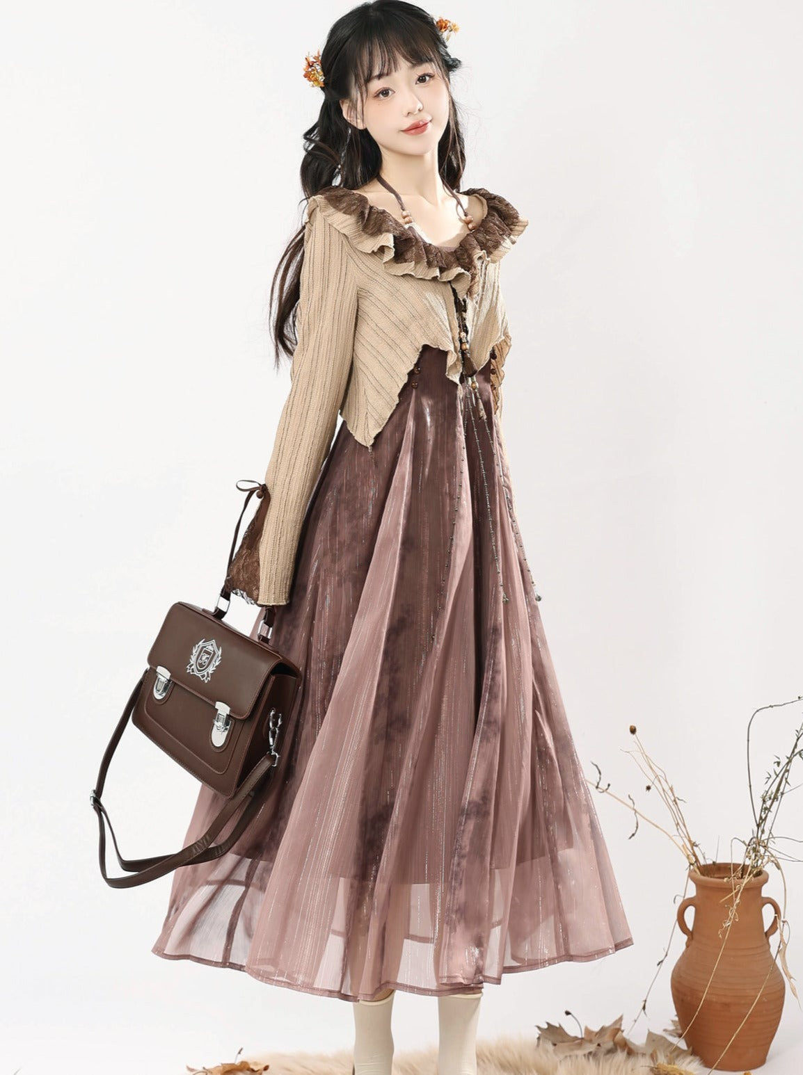 Dress Style + Short Camisole Cardigan Ethnic Ruffle