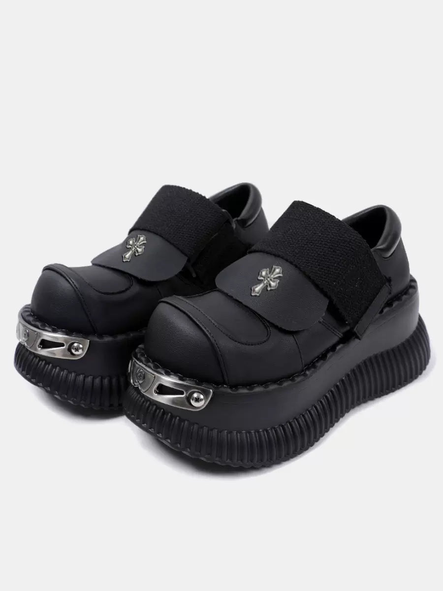 Platform Metal Velcro Shoes Punk Leather Cross