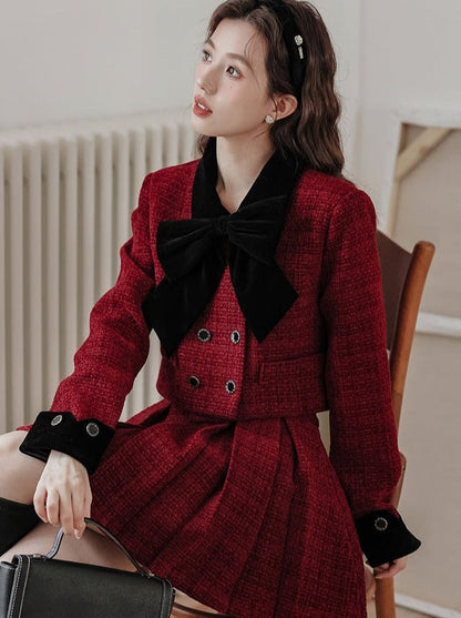 Jupe veste + tweed plissé rétro girly foncé