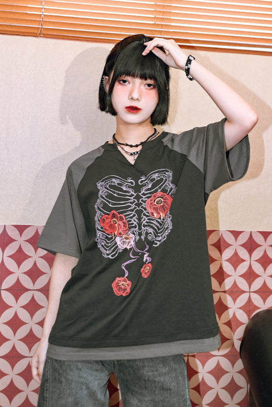 Bone Flower Bicolor Raglan Top V-Neck