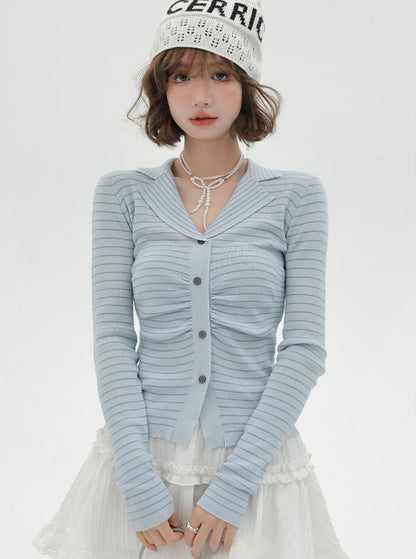 Knit Collar Light Stripe Top Blue Suit
