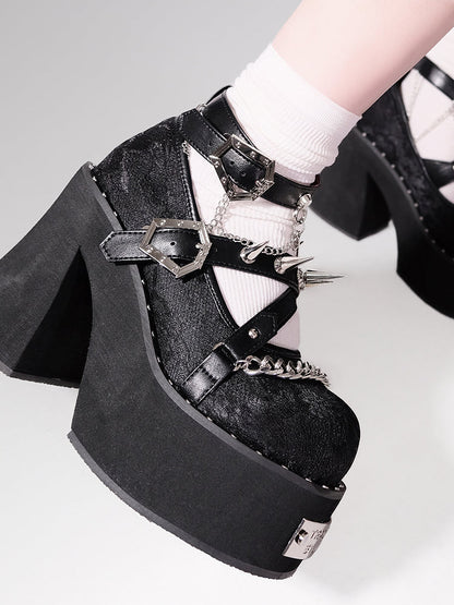 Witch Punk Round Shoes Rivet Dark Rose Platform Toe