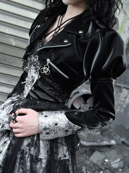 Spleißen Spitze Jacke Punk Mesh Leder PU Kurze