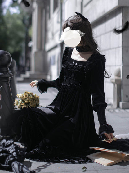 Collar Black Belt Elegant Retro + French Swan Ribbon Dress Square + Velvet