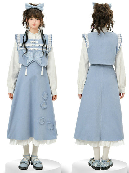 Gilet bleu forêt jupe papillon à volants chemise bleu Chine