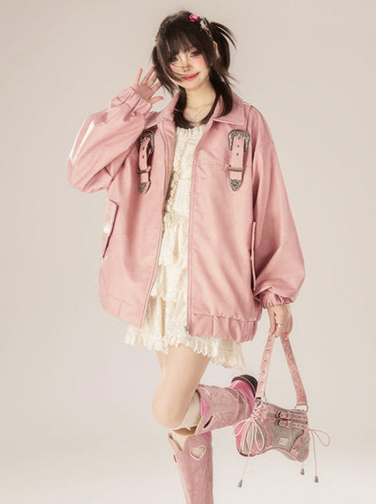 Veste en cuir rose rétro avec boucle et fermeture éclair