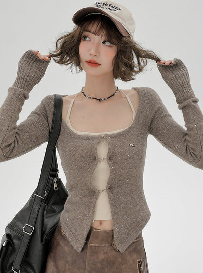 Cardigan Top Retro Suspender Slim Shiny American
