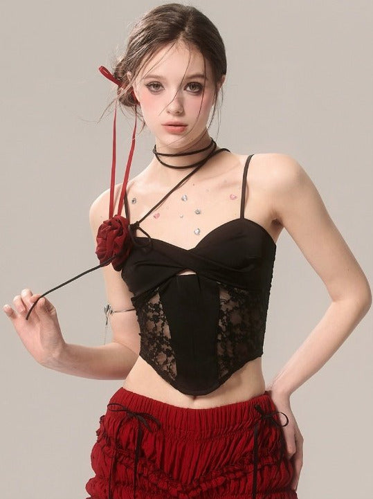 Rose French Short Top Lace Black Suspender