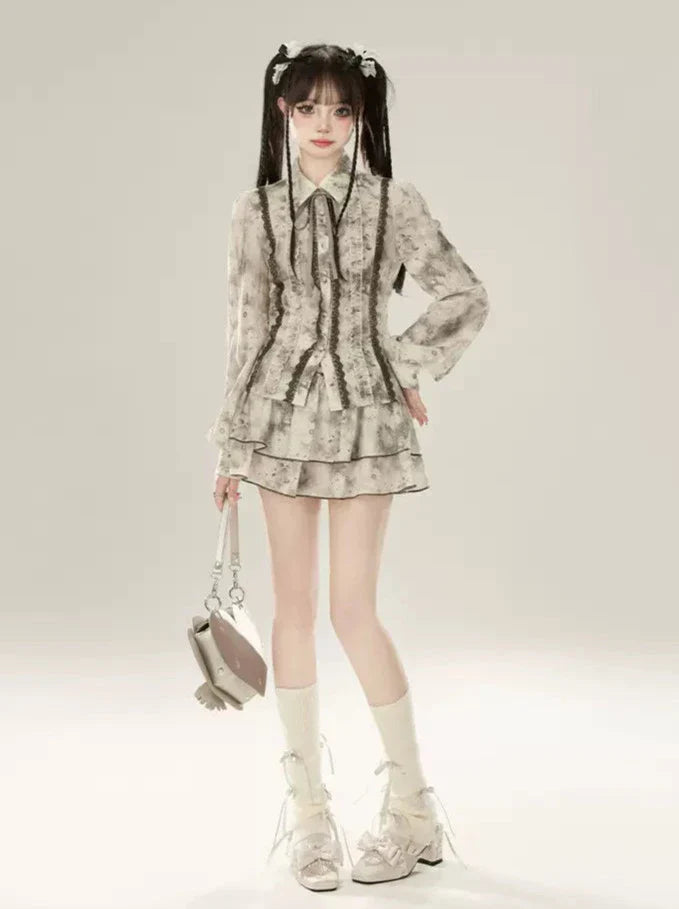 スーツのスプライスハイシャツ、インク汚れウエストレーススカート、かなり