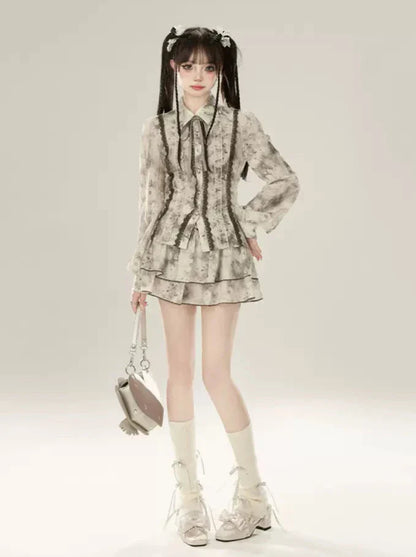 スーツのスプライスハイシャツ、インク汚れウエストレーススカート、かなり