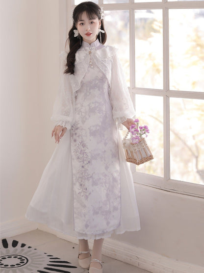 Robe chinoise à volants + cardigan violet à fleurs transparentes légères