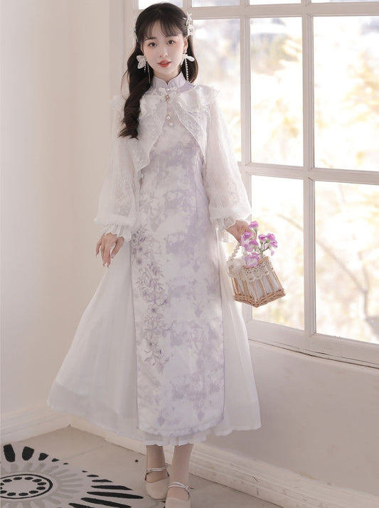 Ruffled Chinese Dress + Purple Cardigan Light Sheer Flower