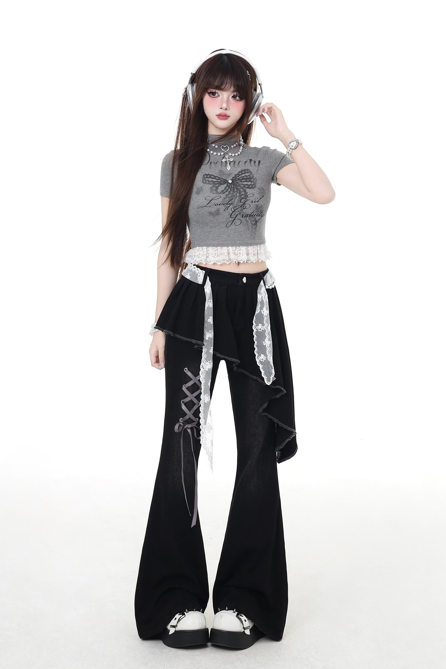 pants slim Lace-up flare long