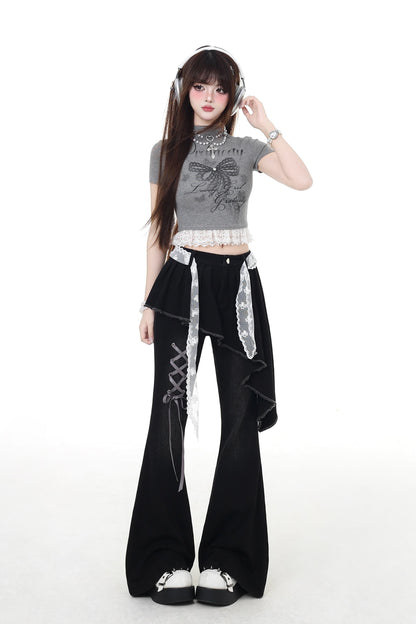 pants slim Lace-up flare long