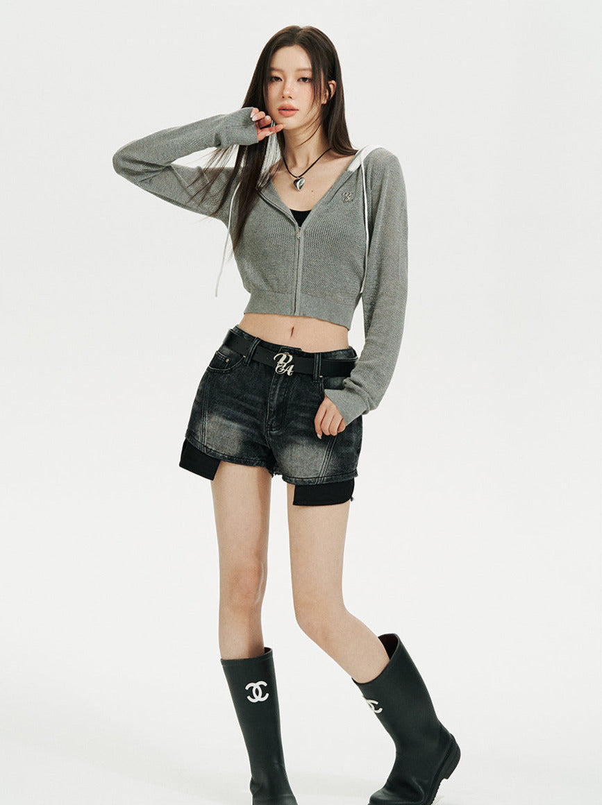 Sheer Zip Mesh Knit Short/Long Hoodie
