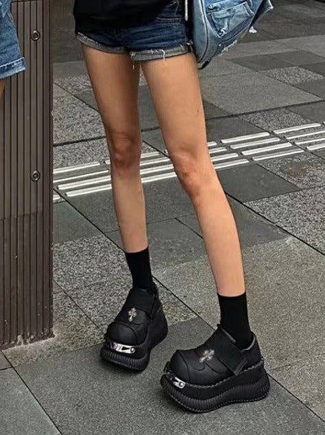 Platform Metal Velcro Shoes Punk Leather Cross