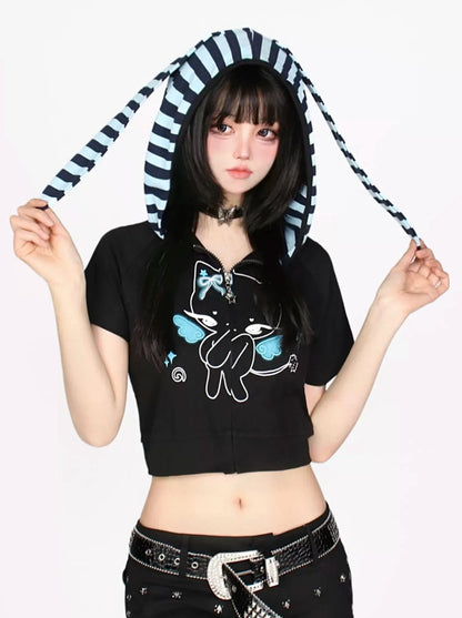 Bunny Print Short Angel Hoodie Zip Ears Cat T-Shirt