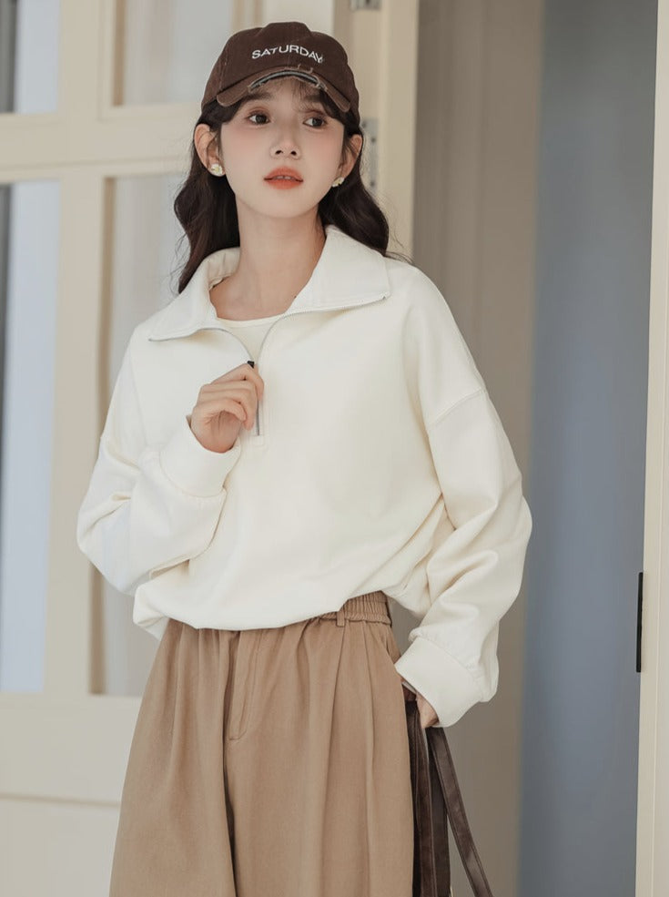 Pullover Zipper Sweatshirt College Style Lapel