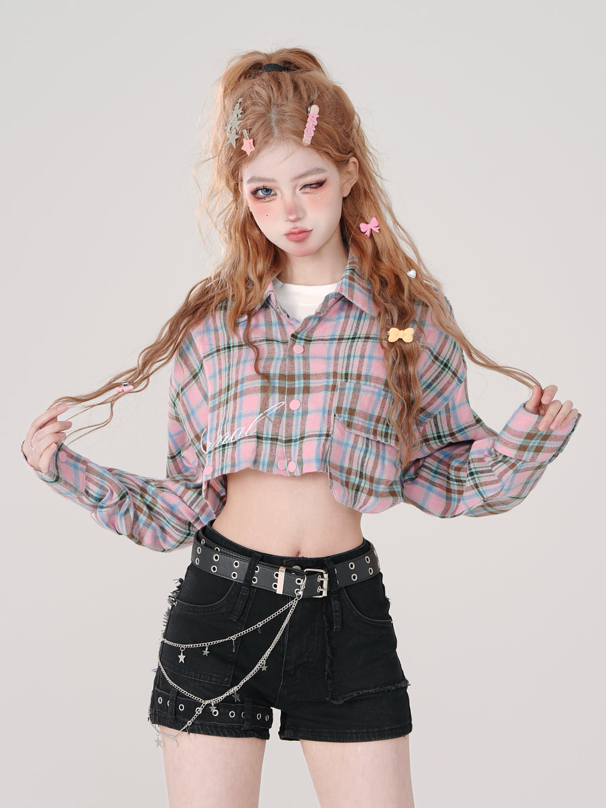 Poloshirt mit Karo-Kragen und langem, abnehmbarem, lockerem