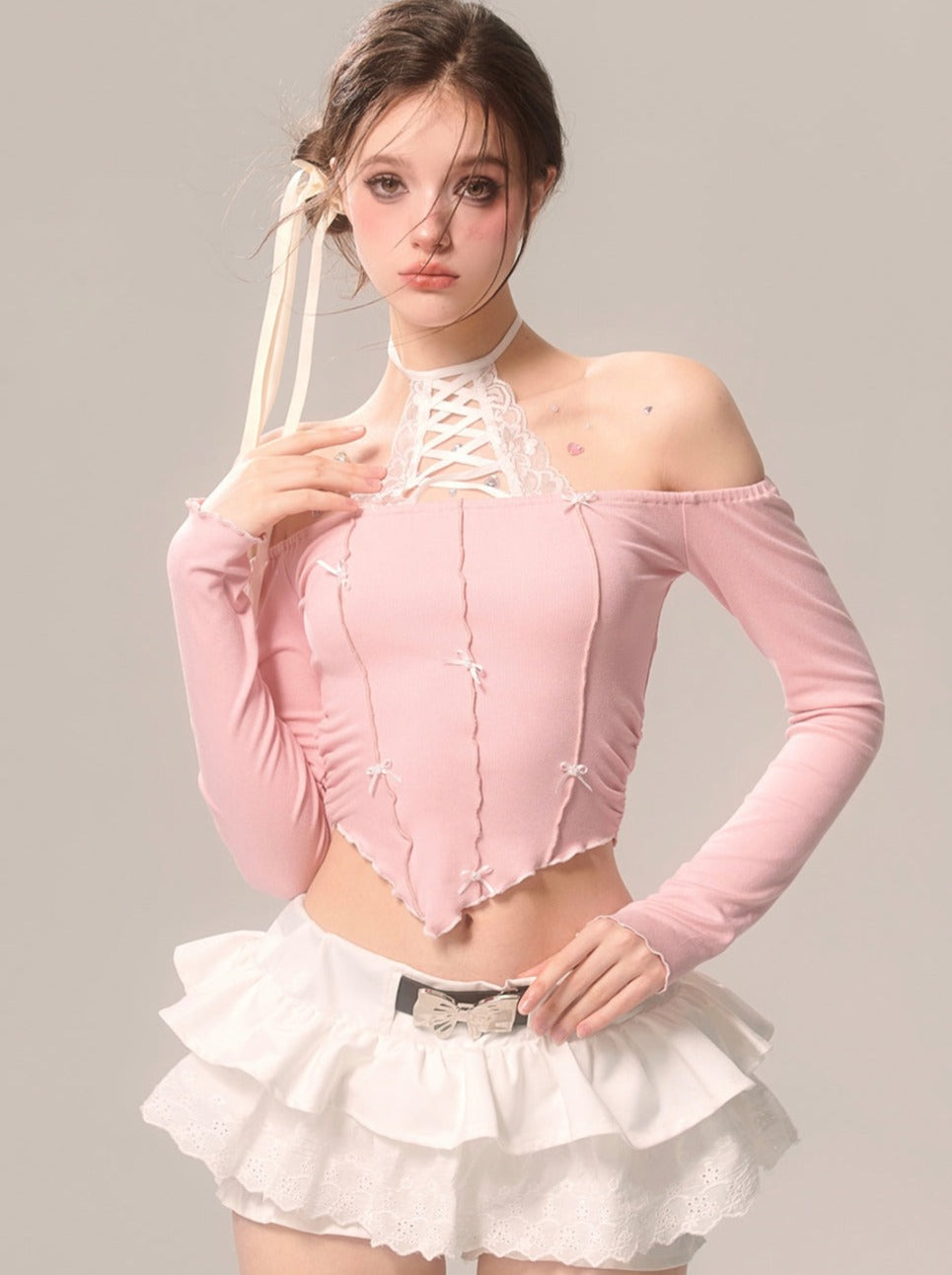 Pearl Ribbon Skirt White French Pants Lace Flared White Eye