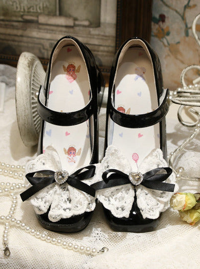 Chaussures élégantes à talons carrés en dentelle et ruban, bout pointu, Lolita Love