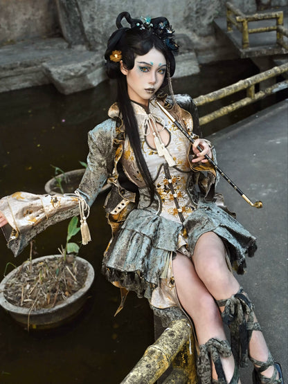 Veste courte en dentelle chinoise à pompons et sangles de dragon