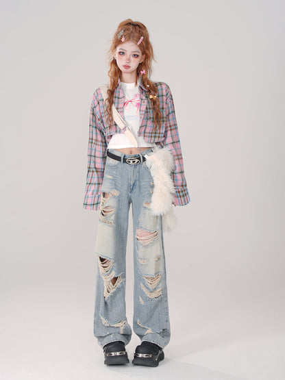 Poloshirt mit Karo-Kragen und langem, abnehmbarem, lockerem