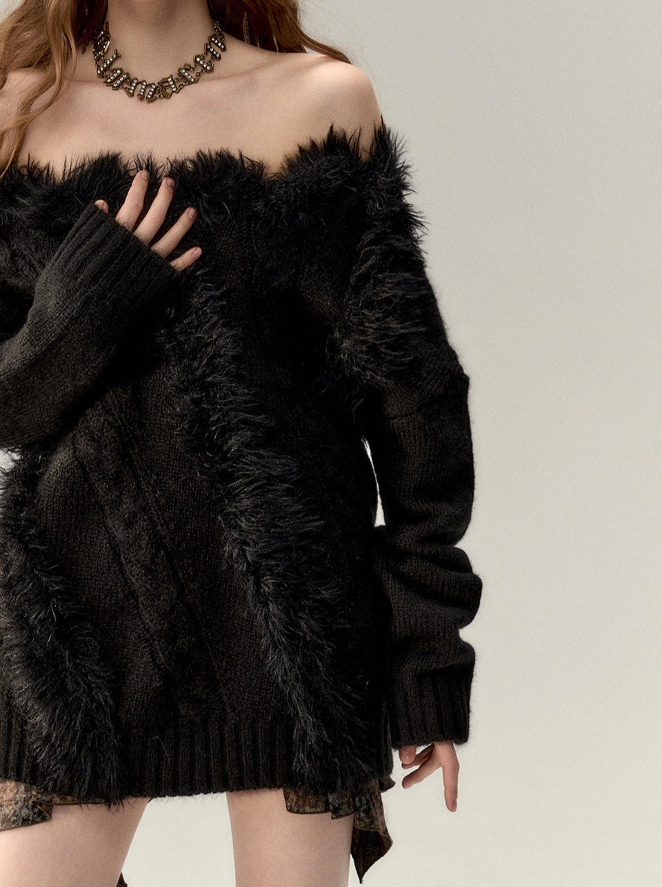 One-shoulder Knit Cable + Cable Cardigan