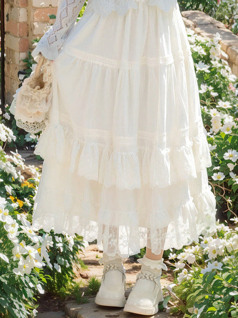 Fairy Style Openwork Knit Cardigan + Camisole Top + Long Cake Skirt