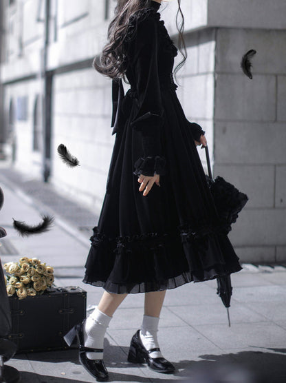 Collar Black Belt Elegant Retro + French Swan Ribbon Dress Square + Velvet