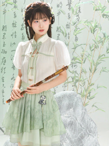 Ensemble chemise et jupe à manches longues Panda Kung Fu menthe + mousseline
