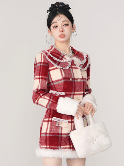Veste à carreaux rétro avec col en dentelle française et jupe double à carreaux en fourrure