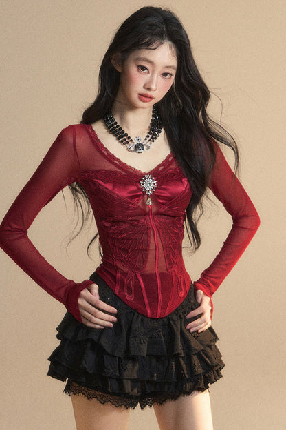 Top Mesh Cranberry Pre-order product Australian Lace V-Neck