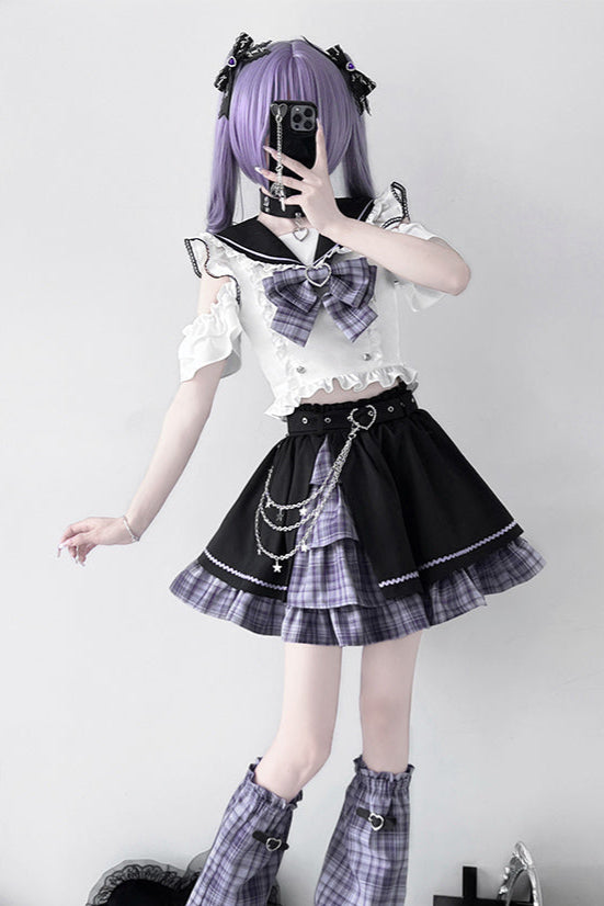 Set Sailor Flared Check Top + Skirt Mine