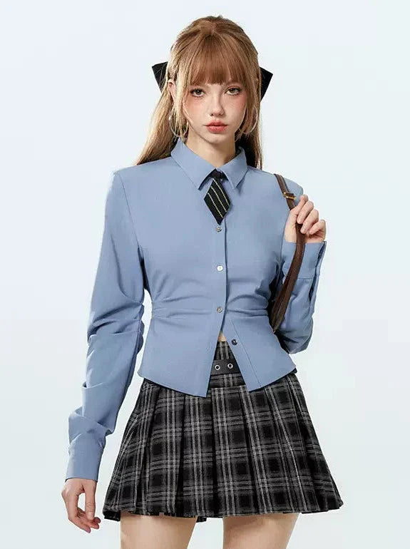 Style Tie Shirt College Waist Diamond Pleated