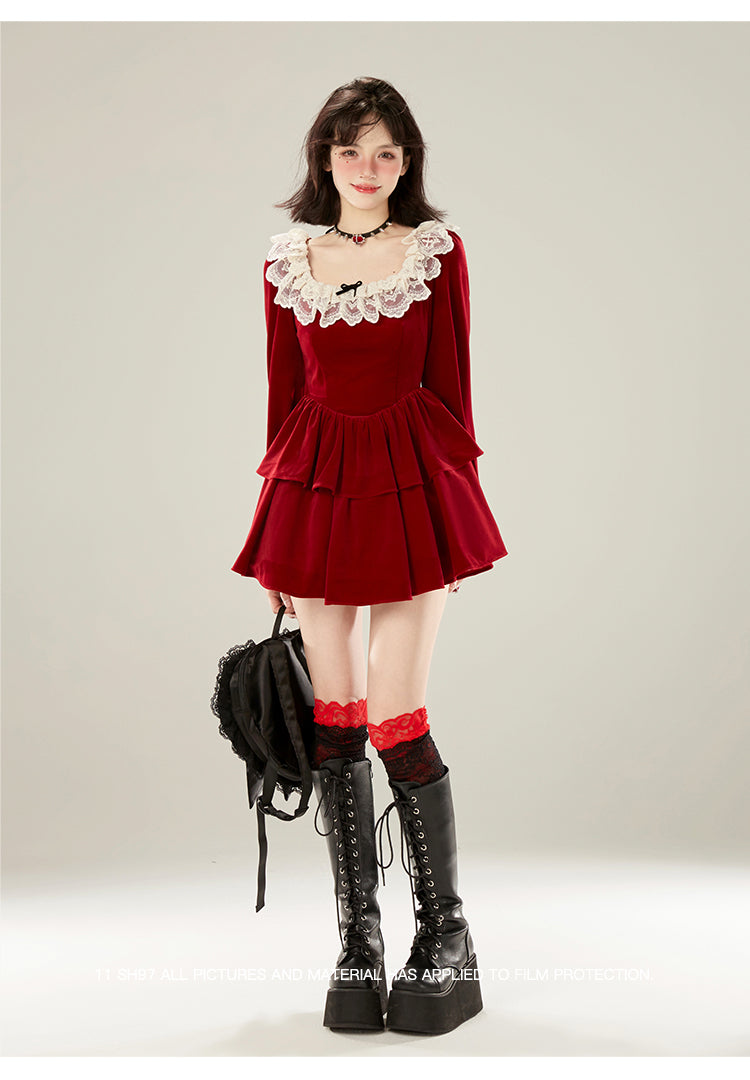 Red Collar Dress Raisin Velvet